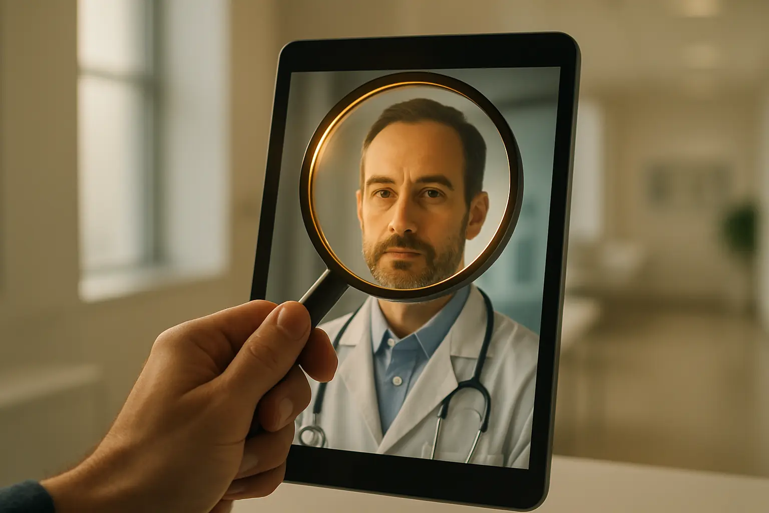 A magnifying glass over a doctor portrait — symbolic of the EuroClinics verification pipeline